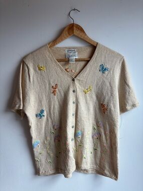 Christopher & Banks Beige Hand-Embroidered V-Neck Cardigan